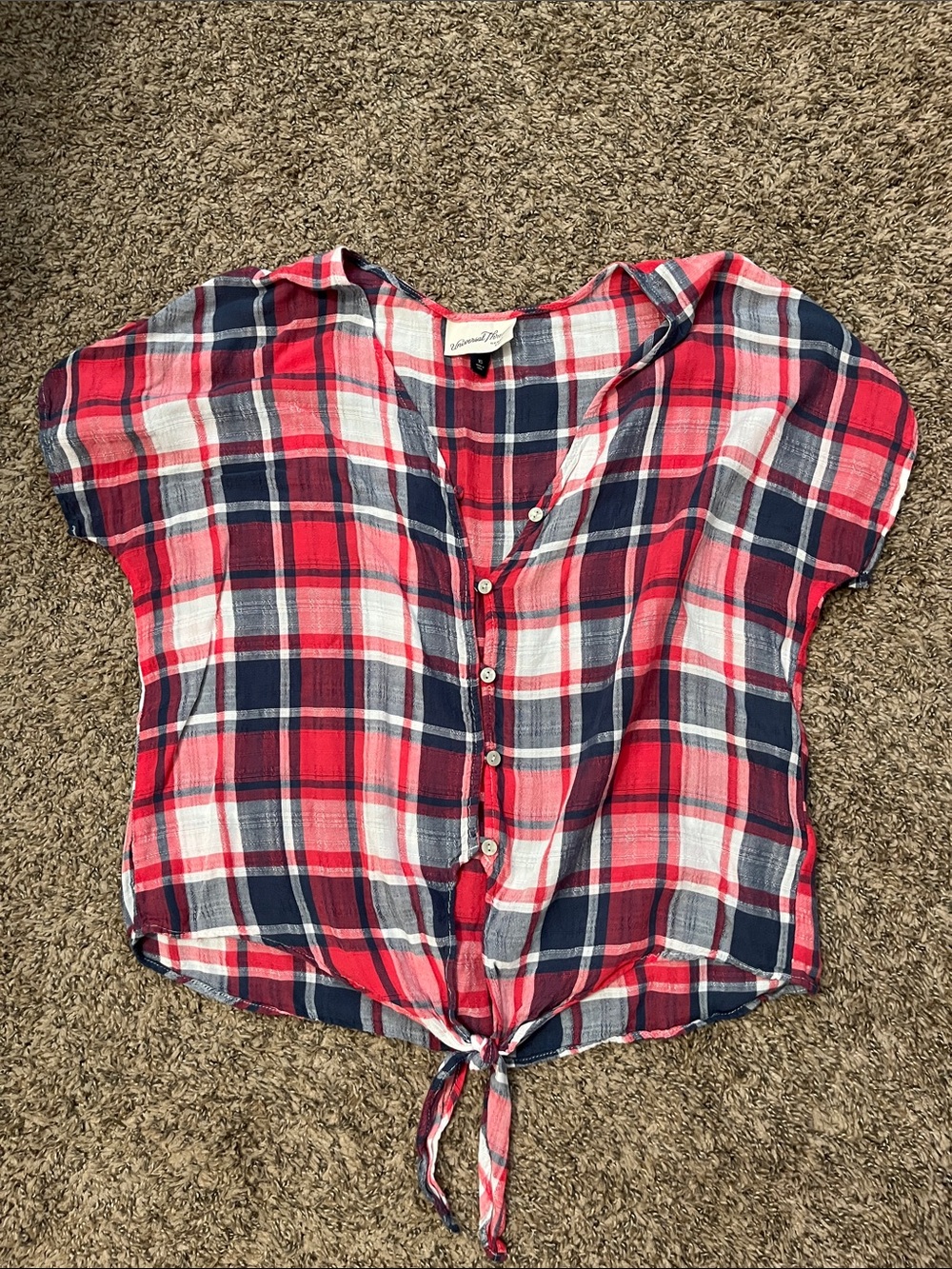 ☀️ 🇺🇸 Universal Thread Red, Navy & White Plaid Tie-Front Blouse